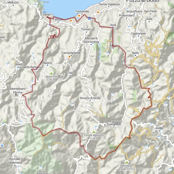 Miniatura della mappa di ispirazione al ciclismo "Giro in Gravel da Oliveri a Castello di Oliveri" nella regione di Sicilia, Italy. Generata da Tarmacs.app, pianificatore di rotte ciclistiche