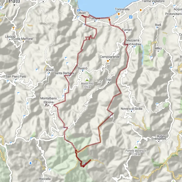 Miniatura della mappa di ispirazione al ciclismo "Esplorazione in Gravel da Oliveri al Belvedere" nella regione di Sicilia, Italy. Generata da Tarmacs.app, pianificatore di rotte ciclistiche