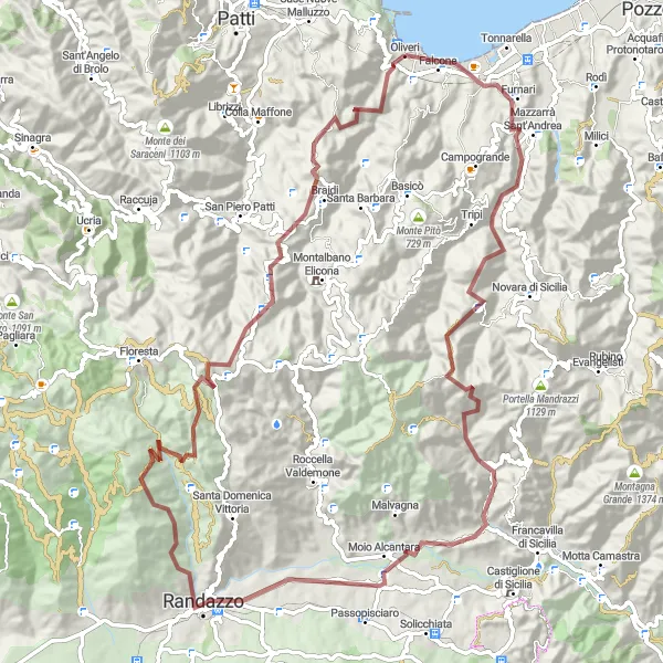 Miniatura della mappa di ispirazione al ciclismo "Avventura Gravel tra le Cime dei Nebrodi" nella regione di Sicilia, Italy. Generata da Tarmacs.app, pianificatore di rotte ciclistiche