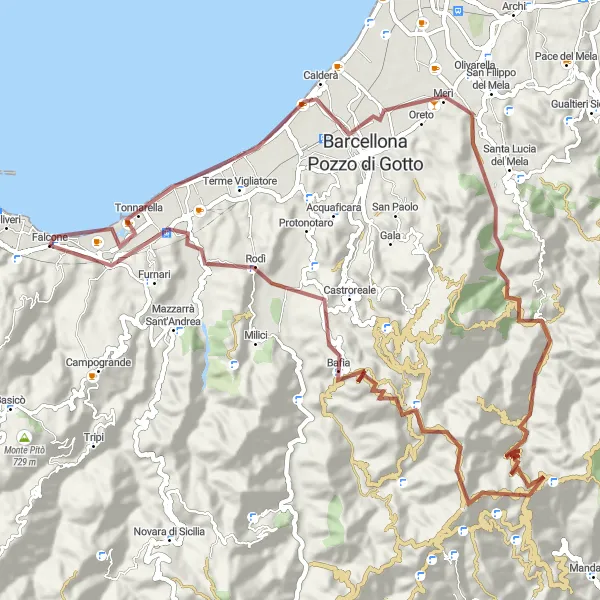Map miniature of "Coastal Gravel Immersion" cycling inspiration in Sicilia, Italy. Generated by Tarmacs.app cycling route planner