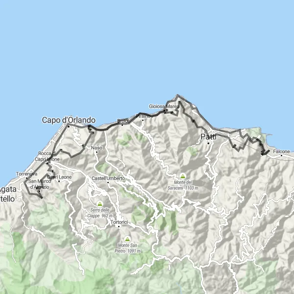 Map miniature of "The Tindari Explorer" cycling inspiration in Sicilia, Italy. Generated by Tarmacs.app cycling route planner