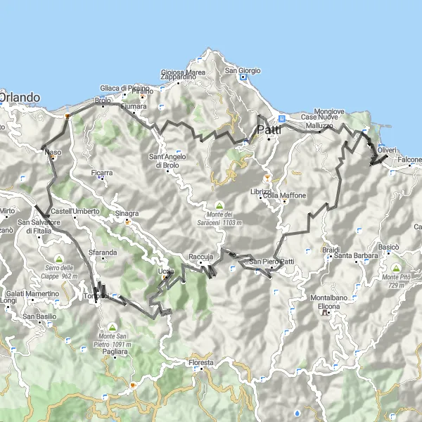Map miniature of "Into the Endless Hills" cycling inspiration in Sicilia, Italy. Generated by Tarmacs.app cycling route planner