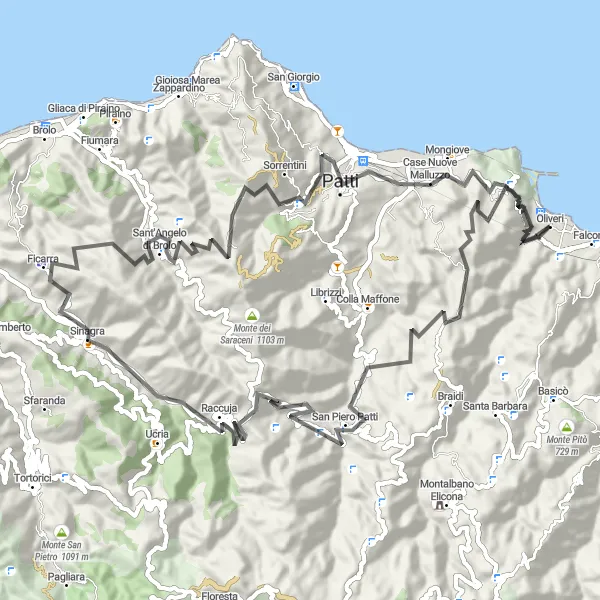 Miniatura della mappa di ispirazione al ciclismo "Giro panoramico da Oliveri al Monte della Cassa" nella regione di Sicilia, Italy. Generata da Tarmacs.app, pianificatore di rotte ciclistiche