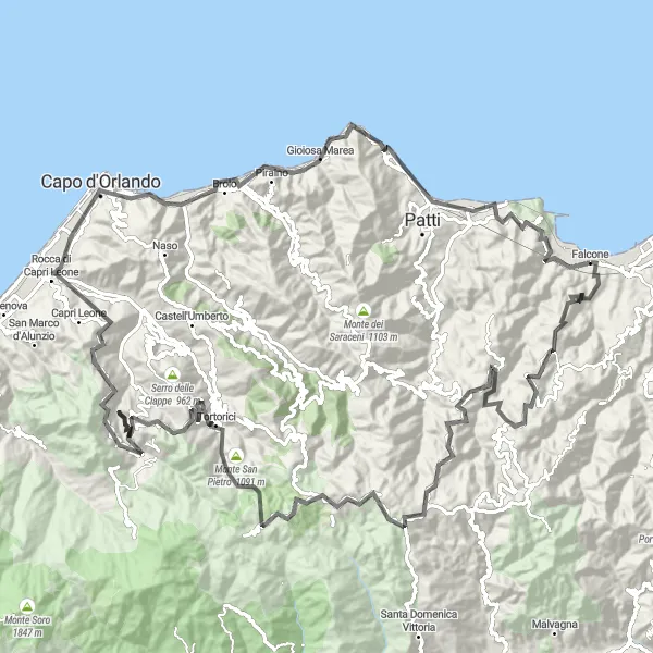 Map miniature of "Cycling Through Sicilian Splendors" cycling inspiration in Sicilia, Italy. Generated by Tarmacs.app cycling route planner