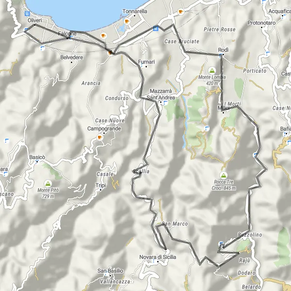 Miniatura della mappa di ispirazione al ciclismo "Giro in bicicletta da Oliveri" nella regione di Sicilia, Italy. Generata da Tarmacs.app, pianificatore di rotte ciclistiche