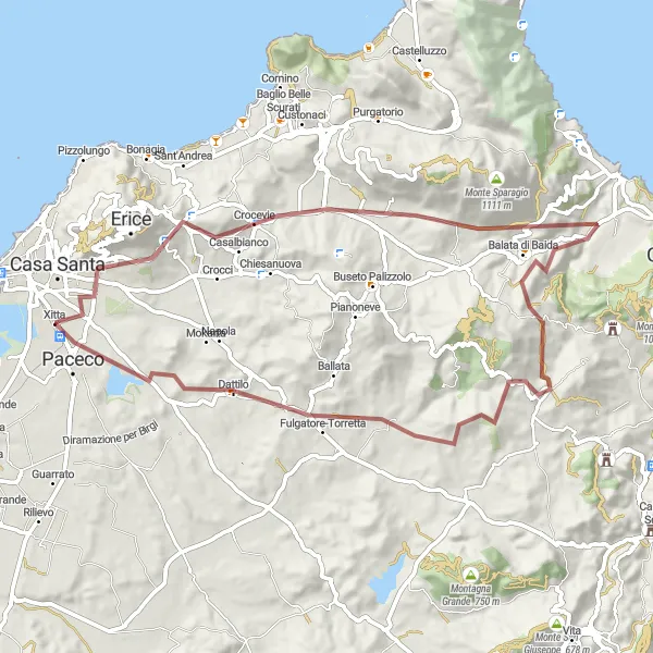 Miniatura della mappa di ispirazione al ciclismo "Giro Gravel Monte Mantello" nella regione di Sicilia, Italy. Generata da Tarmacs.app, pianificatore di rotte ciclistiche