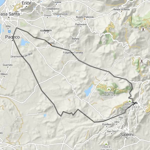 Miniatura della mappa di ispirazione al ciclismo "Giro Stradale Monte San Giuseppe" nella regione di Sicilia, Italy. Generata da Tarmacs.app, pianificatore di rotte ciclistiche