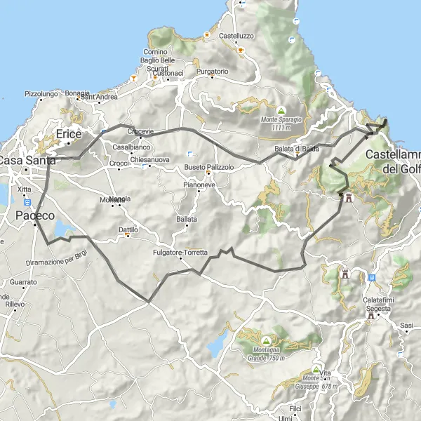 Miniatura della mappa di ispirazione al ciclismo "Discovering the Sicilian Coastline" nella regione di Sicilia, Italy. Generata da Tarmacs.app, pianificatore di rotte ciclistiche