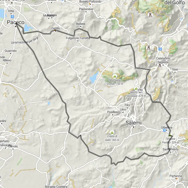Miniatura della mappa di ispirazione al ciclismo "Avventura tra Colline e Castelli" nella regione di Sicilia, Italy. Generata da Tarmacs.app, pianificatore di rotte ciclistiche