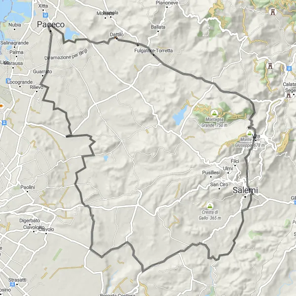 Miniatura della mappa di ispirazione al ciclismo "Tour dei Castelli Medievali" nella regione di Sicilia, Italy. Generata da Tarmacs.app, pianificatore di rotte ciclistiche