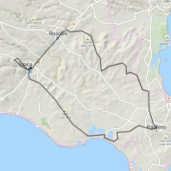 Map miniature of "Pachino to Cozzo Tondo" cycling inspiration in Sicilia, Italy. Generated by Tarmacs.app cycling route planner