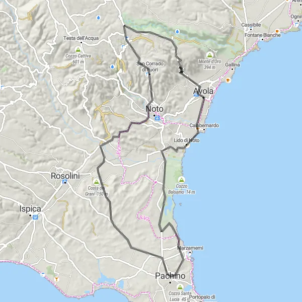 Miniatura della mappa di ispirazione al ciclismo "Giro in bici da Pachino a San Lorenzo" nella regione di Sicilia, Italy. Generata da Tarmacs.app, pianificatore di rotte ciclistiche