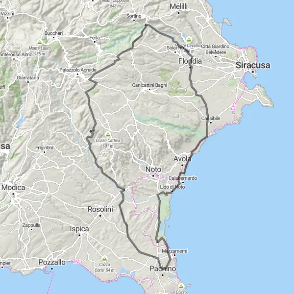 Miniatura della mappa di ispirazione al ciclismo "Avventura in bici da Pachino a Floridia" nella regione di Sicilia, Italy. Generata da Tarmacs.app, pianificatore di rotte ciclistiche
