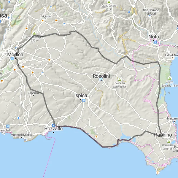Miniatura della mappa di ispirazione al ciclismo "Giro in bicicletta da Pachino a Modica" nella regione di Sicilia, Italy. Generata da Tarmacs.app, pianificatore di rotte ciclistiche
