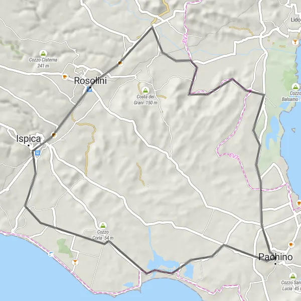 Miniatura della mappa di ispirazione al ciclismo "Escursione ciclistica di 60 km da Pachino" nella regione di Sicilia, Italy. Generata da Tarmacs.app, pianificatore di rotte ciclistiche