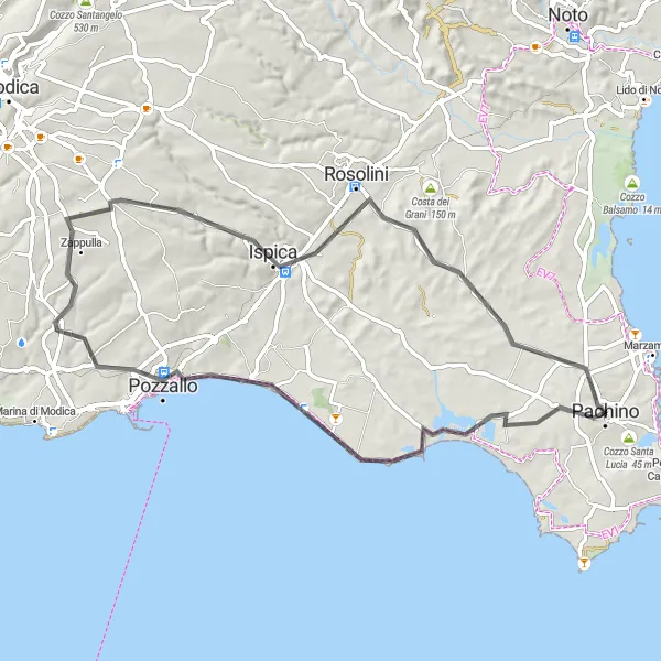 Miniatura della mappa di ispirazione al ciclismo "Giro in bicicletta da Pachino a Timpa di Corvo" nella regione di Sicilia, Italy. Generata da Tarmacs.app, pianificatore di rotte ciclistiche