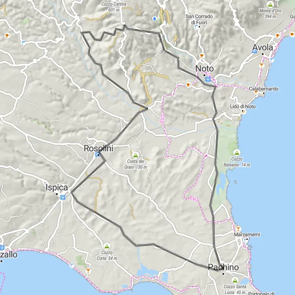 Miniatura della mappa di ispirazione al ciclismo "Giro in bicicletta da Pachino a Rosolini" nella regione di Sicilia, Italy. Generata da Tarmacs.app, pianificatore di rotte ciclistiche