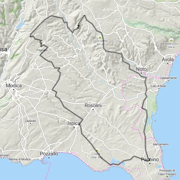 Miniatura della mappa di ispirazione al ciclismo "Giro in bicicletta da Pachino a Serra del Vento" nella regione di Sicilia, Italy. Generata da Tarmacs.app, pianificatore di rotte ciclistiche