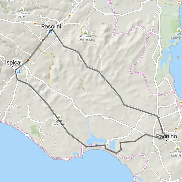 Miniatura della mappa di ispirazione al ciclismo "Giro in bici da Pachino a Rosolini" nella regione di Sicilia, Italy. Generata da Tarmacs.app, pianificatore di rotte ciclistiche