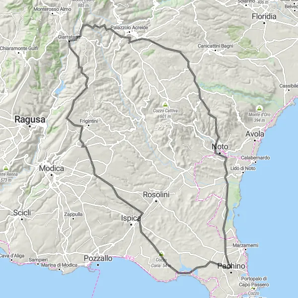 Miniatura della mappa di ispirazione al ciclismo "Giro in bicicletta da Pachino a Noto e ritorno" nella regione di Sicilia, Italy. Generata da Tarmacs.app, pianificatore di rotte ciclistiche