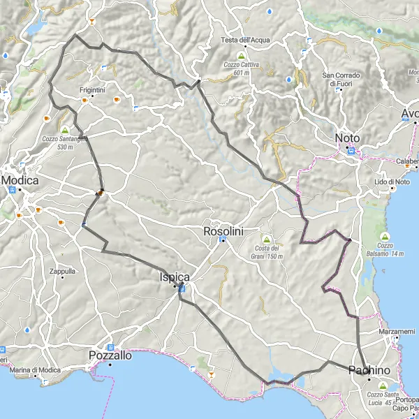 Miniatura della mappa di ispirazione al ciclismo "Giro in bicicletta da Pachino a Cozzo Salonia" nella regione di Sicilia, Italy. Generata da Tarmacs.app, pianificatore di rotte ciclistiche