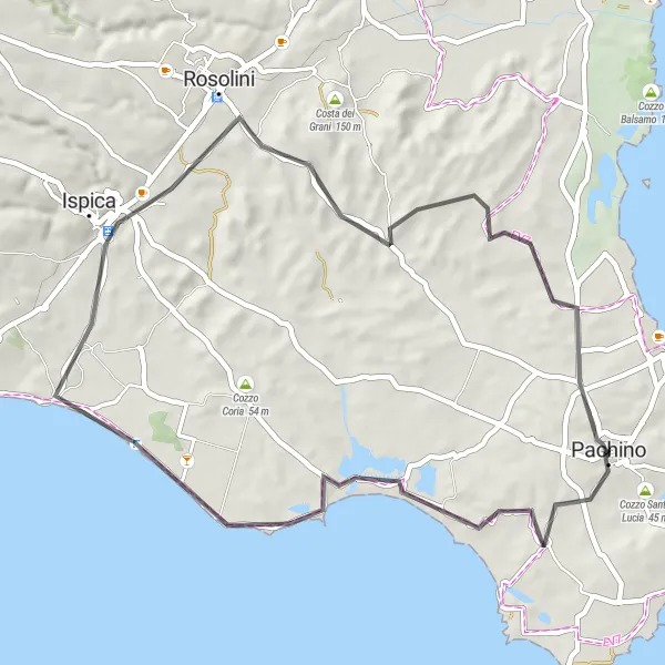 Map miniature of "Pachino and Surrounding Highlights" cycling inspiration in Sicilia, Italy. Generated by Tarmacs.app cycling route planner