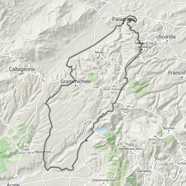 Miniatura della mappa di ispirazione al ciclismo "Giro in bicicletta a Palagonia e dintorni" nella regione di Sicilia, Italy. Generata da Tarmacs.app, pianificatore di rotte ciclistiche