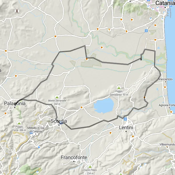 Map miniature of "Palagonia - Scordia Round Trip" cycling inspiration in Sicilia, Italy. Generated by Tarmacs.app cycling route planner