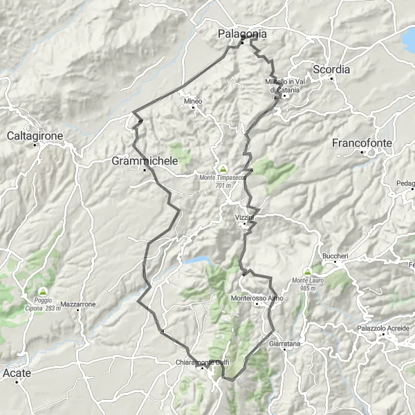 Map miniature of "Mountains and Valleys Loop" cycling inspiration in Sicilia, Italy. Generated by Tarmacs.app cycling route planner