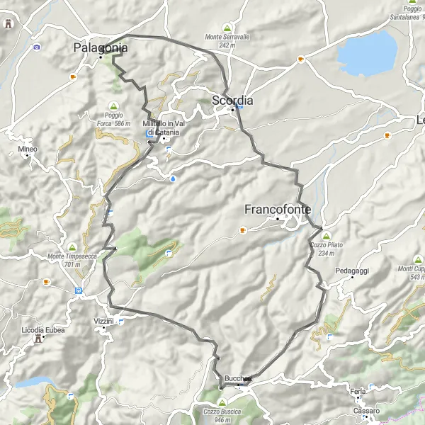 Miniatura della mappa di ispirazione al ciclismo "Esplorazione dei Monti Iblei in bicicletta" nella regione di Sicilia, Italy. Generata da Tarmacs.app, pianificatore di rotte ciclistiche