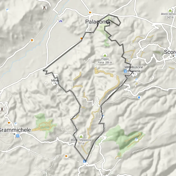 Miniatura della mappa di ispirazione al ciclismo "Tour culturale tra Palagonia e Mineo" nella regione di Sicilia, Italy. Generata da Tarmacs.app, pianificatore di rotte ciclistiche