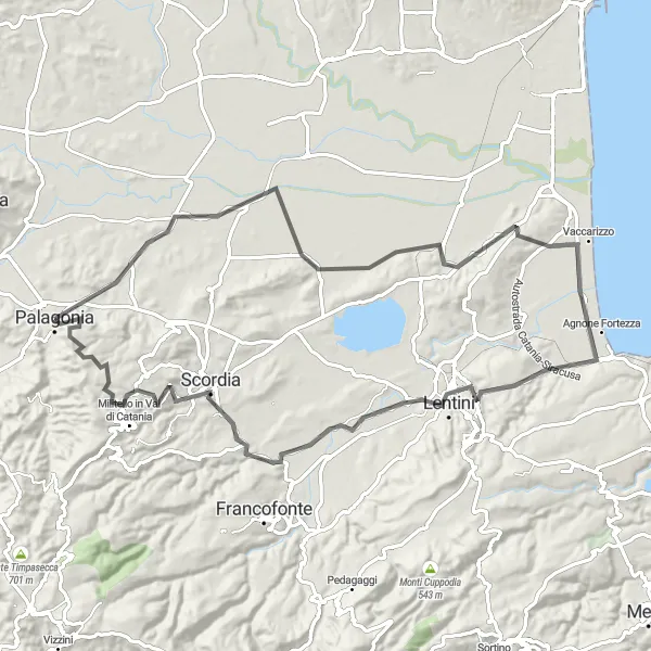 Miniatura della mappa di ispirazione al ciclismo "Giro in bicicletta da Palagonia" nella regione di Sicilia, Italy. Generata da Tarmacs.app, pianificatore di rotte ciclistiche