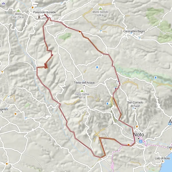 Miniatura della mappa di ispirazione al ciclismo "Giro Gravel da Palazzolo Acreide" nella regione di Sicilia, Italy. Generata da Tarmacs.app, pianificatore di rotte ciclistiche