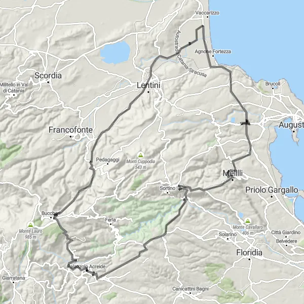 Miniatura della mappa di ispirazione al ciclismo "Percorso ciclistico attraverso paesaggi mozzafiato" nella regione di Sicilia, Italy. Generata da Tarmacs.app, pianificatore di rotte ciclistiche