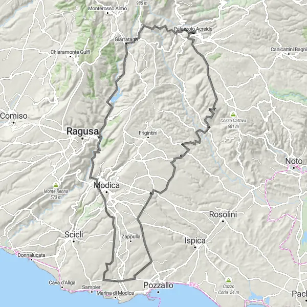 Map miniature of "The Hills of Ragusa" cycling inspiration in Sicilia, Italy. Generated by Tarmacs.app cycling route planner