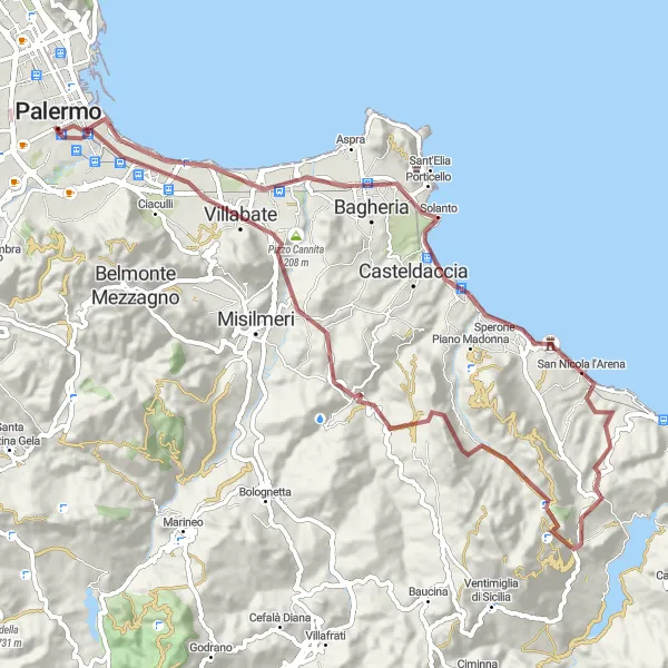 Miniatura della mappa di ispirazione al ciclismo "Esplorazione gravel tra Ficarazzi e Palermo" nella regione di Sicilia, Italy. Generata da Tarmacs.app, pianificatore di rotte ciclistiche