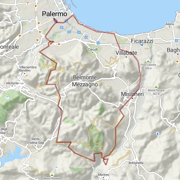 Map miniature of "Gravel Route: Mountain Views and Cultural Gems" cycling inspiration in Sicilia, Italy. Generated by Tarmacs.app cycling route planner