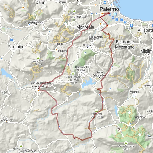 Map miniature of "Gravel Route: Castles, Peaks, and Charming Towns" cycling inspiration in Sicilia, Italy. Generated by Tarmacs.app cycling route planner