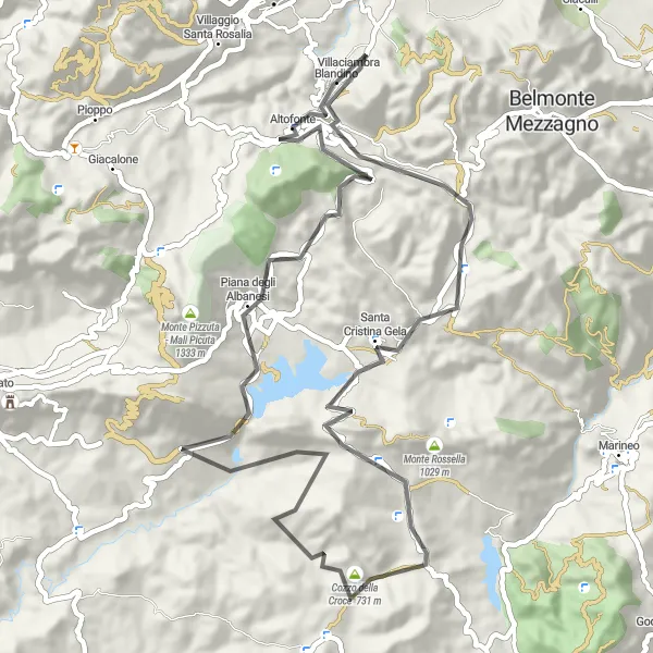 Map miniature of "Road Route: Mountains and Historical Sites" cycling inspiration in Sicilia, Italy. Generated by Tarmacs.app cycling route planner