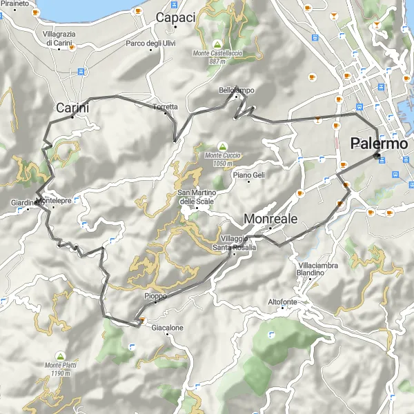 Miniatura della mappa di ispirazione al ciclismo "Giro in Bici da Palermo a Monreale e Torretta" nella regione di Sicilia, Italy. Generata da Tarmacs.app, pianificatore di rotte ciclistiche