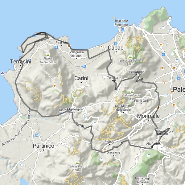 Map miniature of "Palermo Coastal Loop" cycling inspiration in Sicilia, Italy. Generated by Tarmacs.app cycling route planner