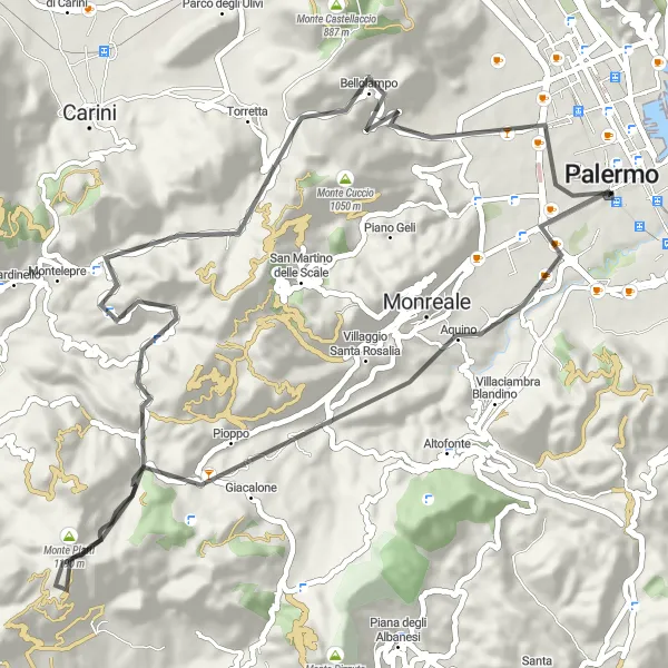 Miniatura della mappa di ispirazione al ciclismo "Itinerario Ciclistico da Palermo a Monte Signora e Vista dal Campanile" nella regione di Sicilia, Italy. Generata da Tarmacs.app, pianificatore di rotte ciclistiche