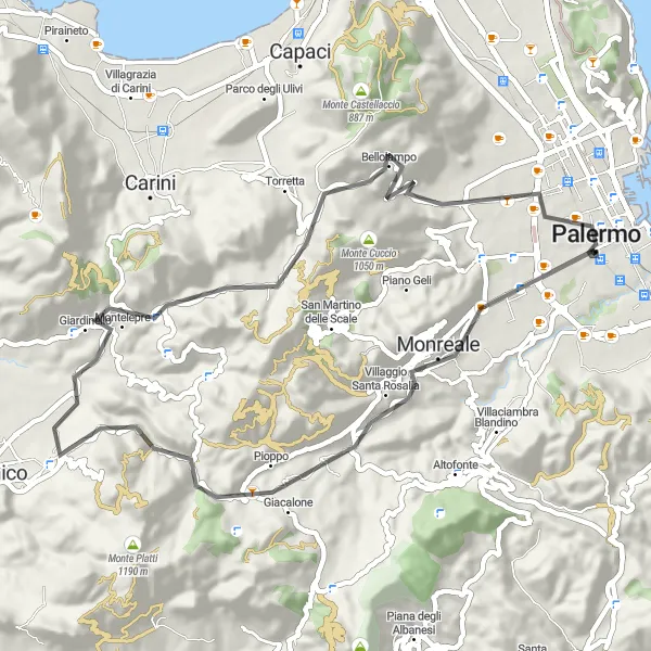 Miniatura della mappa di ispirazione al ciclismo "Giro in bicicletta tra le Catacombe dei Cappuccini e Palermo" nella regione di Sicilia, Italy. Generata da Tarmacs.app, pianificatore di rotte ciclistiche