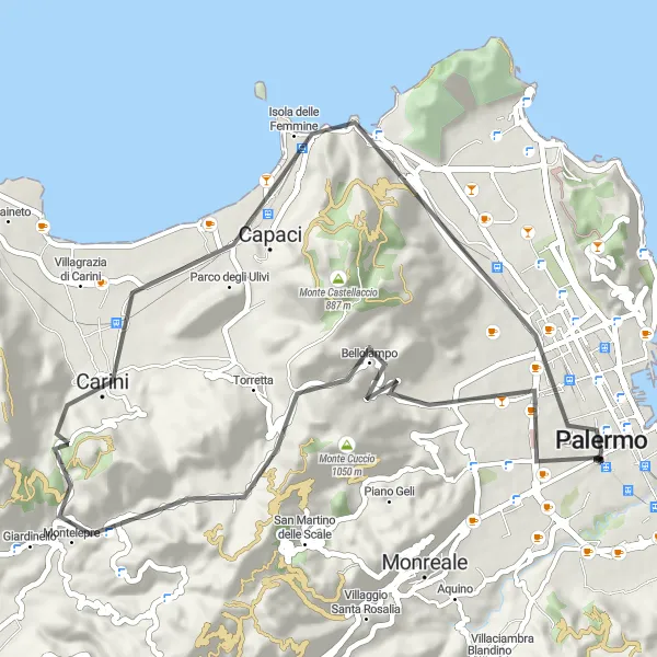 Miniatura della mappa di ispirazione al ciclismo "Tour in bicicletta tra i castelli di Palermo" nella regione di Sicilia, Italy. Generata da Tarmacs.app, pianificatore di rotte ciclistiche