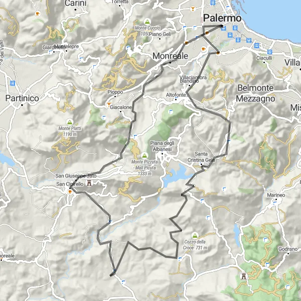 Miniatura della mappa di ispirazione al ciclismo "Tour in Bicicletta da Palermo a Santa Cristina Gela e San Giuseppe Jato" nella regione di Sicilia, Italy. Generata da Tarmacs.app, pianificatore di rotte ciclistiche
