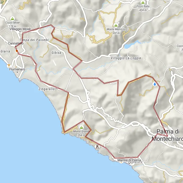 Map miniature of "Monte Narbone Gravel Loop: Gravel Cycling Route" cycling inspiration in Sicilia, Italy. Generated by Tarmacs.app cycling route planner