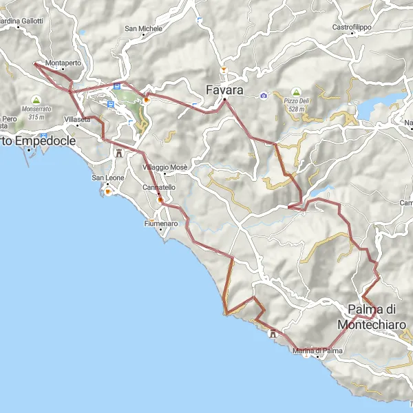 Map miniature of "Off the Beaten Path" cycling inspiration in Sicilia, Italy. Generated by Tarmacs.app cycling route planner