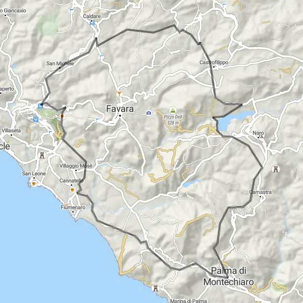 Map miniature of "Palma di Montechiaro Loop: Road Cycling Route" cycling inspiration in Sicilia, Italy. Generated by Tarmacs.app cycling route planner