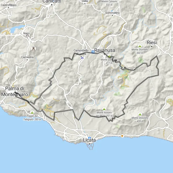 Map miniature of "Palma di Montechiaro Coastal Trail: Road Cycling Route" cycling inspiration in Sicilia, Italy. Generated by Tarmacs.app cycling route planner
