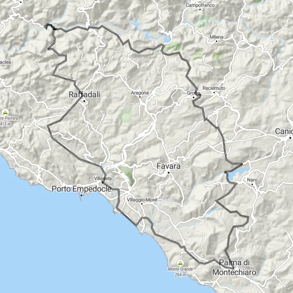 Map miniature of "Temples and Valleys" cycling inspiration in Sicilia, Italy. Generated by Tarmacs.app cycling route planner